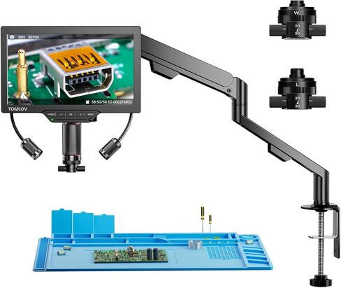 TOMLOV 3D Digital Soldering Microscope: Magnetic Dual Lens Micro Scope TM3K-3D Max For Adult, Coin Microscope with Flex Arm, 3K 10.1-Inch IPS Screen, HDMI/USB Output, Gooseneck Light, Repair Mat, 64GB in Kuwait