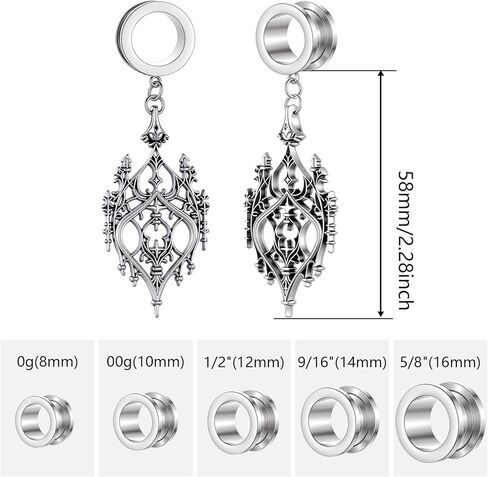 2PCS Gothic Ear Gauges & Tunnels, Hypoallergenic Dangle Gauges Plugs for Stretched Ears - Stainless Steel Body Piercing Jewelry for Men Women (8mm-16mm/0G, 00G) in Saudi Arabia