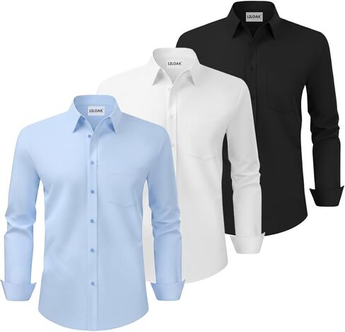 قمصان Liloak Pack الرجالية الكلاسيكية للرجال بأكمام طويلة وأزرار سفلية، قميص رسمي للعمل والزفاف in Kuwait