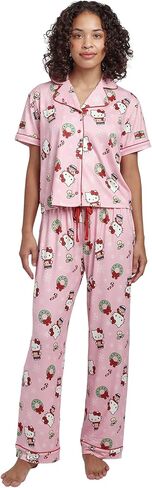Bioworld Hello Kitty Holiday طباعة شاملة قميص وسروال نسائي بأزرار سفلية طقم بيجامة تقليدي مكون من قطعتين in Kuwait