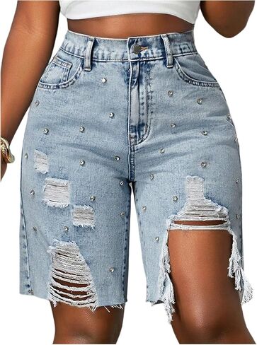 Verdusa Women's Rhinestone Distressed Ripped Jean Shorts Streetwear Denim Shorts with Pockets in Saudi Arabia