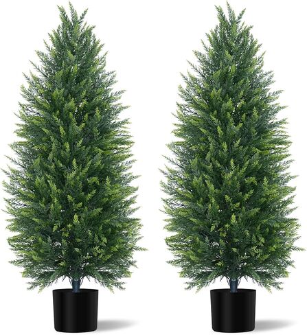 شجرة توبياري من خشب الأرز الاصطناعي بطول 4 أقدام مع وعاء، مجموعة من 2 شجرة دائمة الخضرة وهمية لتزيين المنزل الداخلي وعيد الميلاد وديكور الشرفة والحديقة الخارجية in Kuwait