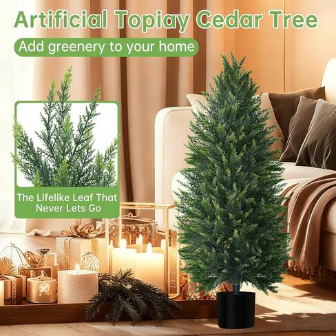 4FT Artificial Cedar Topiary Tree with Pot, Set of 2 Fake Evergreen Tree for Indoor Home Christmas Decor Outdoor Garden Porch Decor in Saudi Arabia