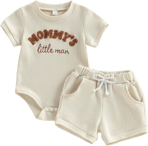 Douhoow Baby Boy Summer Outfits Short Sleeve Mamas Boy Little Dude Embroidery Boy Romper Shorts Set Infant Waffle Clothes in Kuwait
