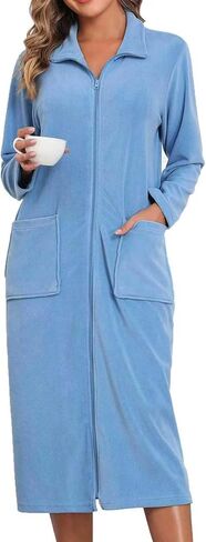 Fleece Robes For Women Zipper Nightgown Long Bathrobe Lightweight Housecoat With Pockets S-3XL in Saudi Arabia