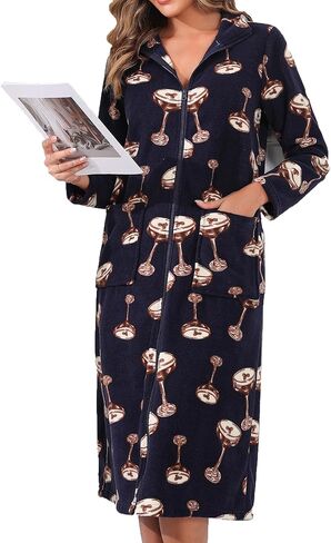 Fleece Robes For Women Zipper Nightgown Long Bathrobe Lightweight Housecoat With Pockets S-3XL in Saudi Arabia