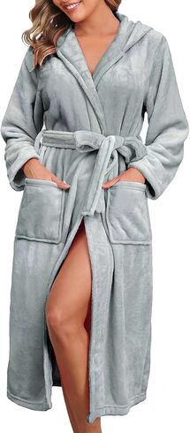 Women's Robe Fleece Hooded Bathrobe Long Thick Nightgown With Pockets Comfy Soft Bathrobes S-XXL in Saudi Arabia