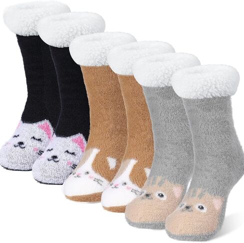 Foaincore 3 Pairs Cat Fuzzy Slipper Socks for Women with Grips Warm Winter Cozy Lined Socks Fluffy Christmas House Gifts in Saudi Arabia
