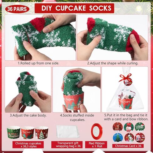 36 Pcs Fuzzy Christmas Cupcake Socks Women DIY Fuzzy Socks with Gift Box and Xmas Cards Holiday Presents in Saudi Arabia