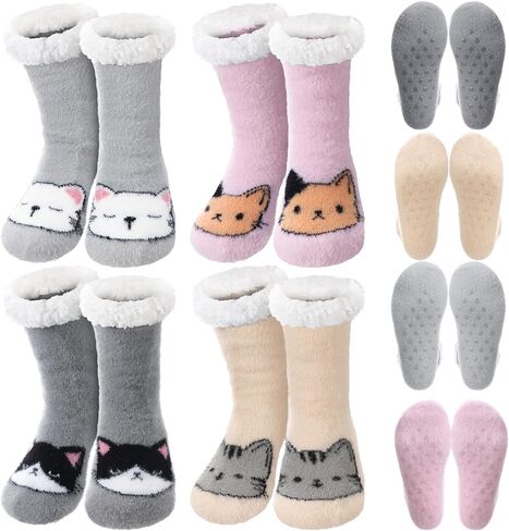 Berlune 4 Pairs Valentine Fuzzy Slipper Socks for Women Girl Grippers Plush Fleece Lining Non Slip Winter Animal Lover Gift in Saudi Arabia