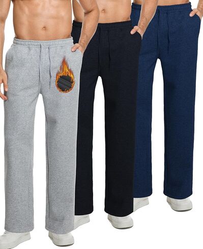 3 Pack Men's Fleece Lined Pants with Pocket Cotton Sweatpants Winter Warm Athletic Joggers Open Bottom Casual Pants in Saudi Arabia