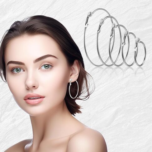 5 Pairs Stainless Steel Clip on Earrings Hoop 5 Sizes 30/40/50/60 /70mm Earrings for Women Thin Lightweight Dangle Set in Saudi Arabia