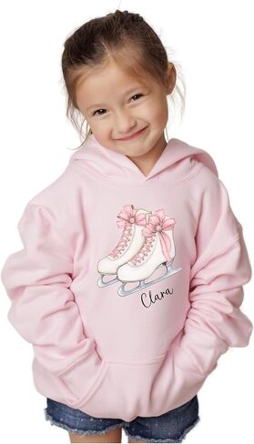 Personalized Ice Skating Hoodie for Girls, Custom Name Hooded Sweatshirt with Figure Skates and Pink Bow, Youth Ice Skater Gift, Figure Skating Shirt, Kids Winter Sports Apparel in Saudi Arabia