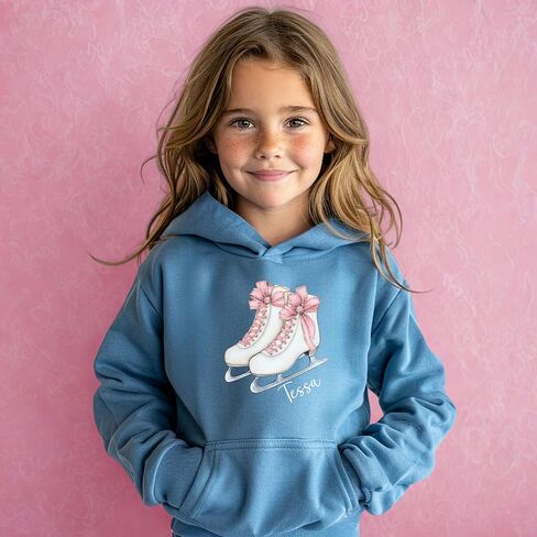 Personalized Ice Skating Hoodie for Girls, Custom Name Hooded Sweatshirt with Figure Skates and Pink Bow, Youth Ice Skater Gift, Figure Skating Shirt, Kids Winter Sports Apparel in Saudi Arabia