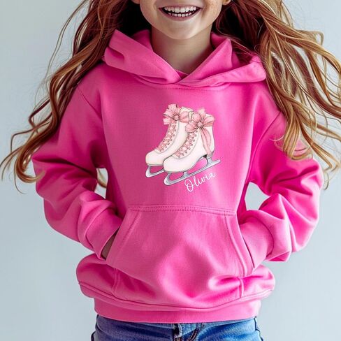 Personalized Ice Skating Hoodie for Girls, Custom Name Hooded Sweatshirt with Figure Skates and Pink Bow, Youth Ice Skater Gift, Figure Skating Shirt, Kids Winter Sports Apparel in Saudi Arabia