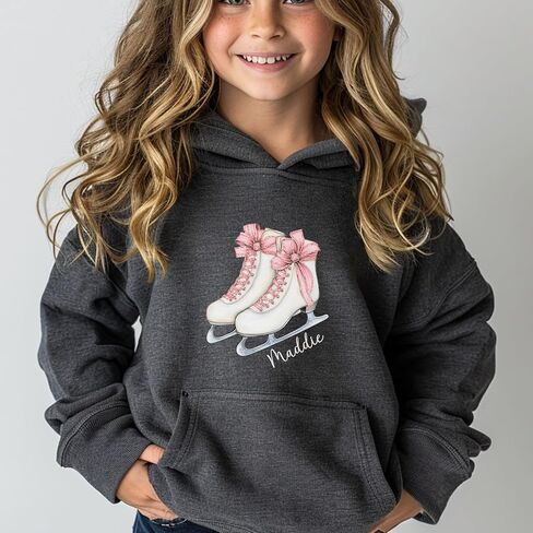 Personalized Ice Skating Hoodie for Girls, Custom Name Hooded Sweatshirt with Figure Skates and Pink Bow, Youth Ice Skater Gift, Figure Skating Shirt, Kids Winter Sports Apparel in Saudi Arabia
