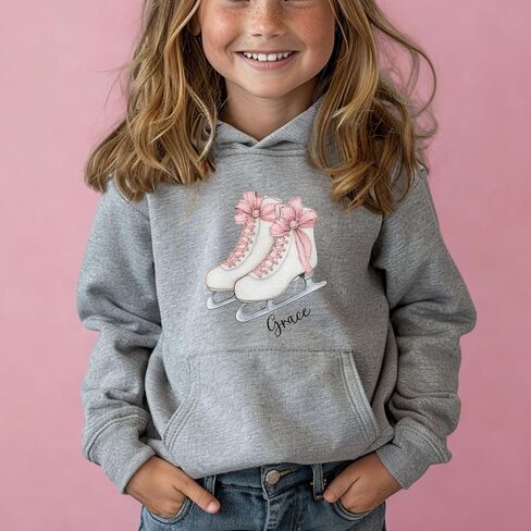 Personalized Ice Skating Hoodie for Girls, Custom Name Hooded Sweatshirt with Figure Skates and Pink Bow, Youth Ice Skater Gift, Figure Skating Shirt, Kids Winter Sports Apparel in Saudi Arabia