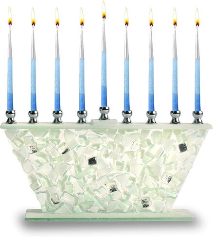 Ner Mitzvah Hanukkah Menorah - زجاج أبيض مكسور - زجاج مطلي يدويًا - يناسب جميع شموع شانوكا القياسية in Saudi Arabia
