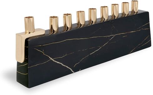 Zion Judaica Ltd Elegant Decorative Hanukkah Candle Menorah Aluminum Wrapped with Marble Decal (Black/Gold) & Brass Candle Cups - Landscape Minorah in Saudi Arabia