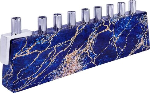 Zion Judaica Ltd Elegant Decorative Hanukkah Candle Menorah Aluminum Wrapped with Marble Decal (Black/Gold) & Brass Candle Cups - Landscape Minorah in Saudi Arabia