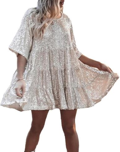 Women Sparkly Sequin Dress Short Flowy Tiered Ruffle Dress Shiny Loose Glitter Party Club Night Out Mini Dress in Saudi Arabia