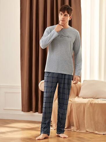 Gray Men's Pajama Set, Long Sleeve Pjs Sets with Blue Plaid Pants, Soft Home Loungewear for Mens in Saudi Arabia