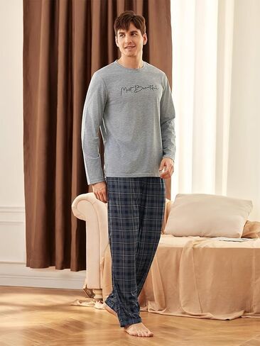 Gray Men's Pajama Set, Long Sleeve Pjs Sets with Blue Plaid Pants, Soft Home Loungewear for Mens in Saudi Arabia