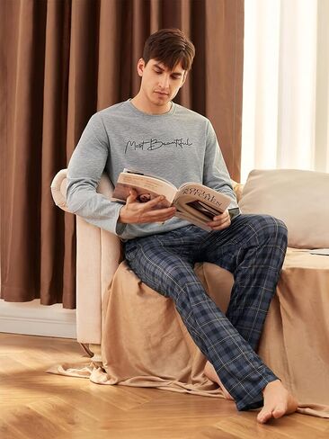 Gray Men's Pajama Set, Long Sleeve Pjs Sets with Blue Plaid Pants, Soft Home Loungewear for Mens in Saudi Arabia