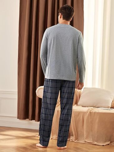Gray Men's Pajama Set, Long Sleeve Pjs Sets with Blue Plaid Pants, Soft Home Loungewear for Mens in Saudi Arabia