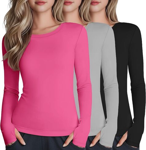 3 Pack Girl's Long Sleeve Athletic Shirts with Thumb Holes, Crew Neck Yoga Top Quick Dry Basic Activewear 5-14y in Saudi Arabia