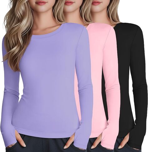 3 Pack Girl's Long Sleeve Athletic Shirts with Thumb Holes, Crew Neck Yoga Top Quick Dry Basic Activewear 5-14y in Saudi Arabia