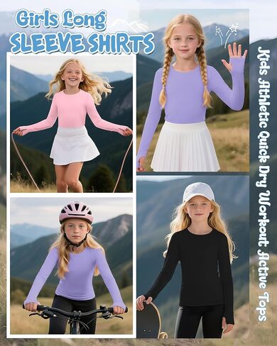 3 Pack Girl's Long Sleeve Athletic Shirts with Thumb Holes, Crew Neck Yoga Top Quick Dry Basic Activewear 5-14y in Saudi Arabia