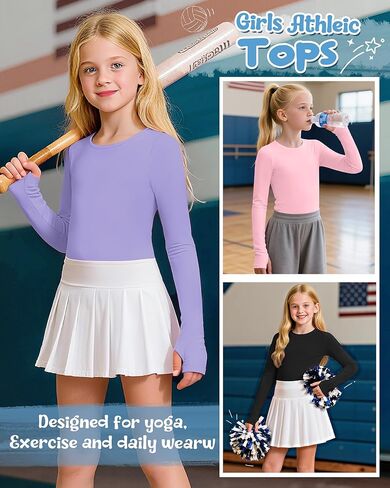 3 Pack Girl's Long Sleeve Athletic Shirts with Thumb Holes, Crew Neck Yoga Top Quick Dry Basic Activewear 5-14y in Saudi Arabia