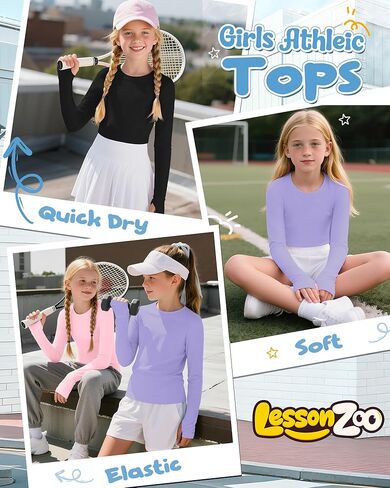 3 Pack Girl's Long Sleeve Athletic Shirts with Thumb Holes, Crew Neck Yoga Top Quick Dry Basic Activewear 5-14y in Saudi Arabia