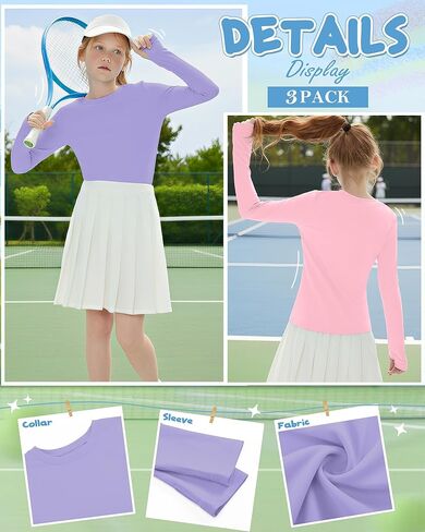 3 Pack Girl's Long Sleeve Athletic Shirts with Thumb Holes, Crew Neck Yoga Top Quick Dry Basic Activewear 5-14y in Saudi Arabia