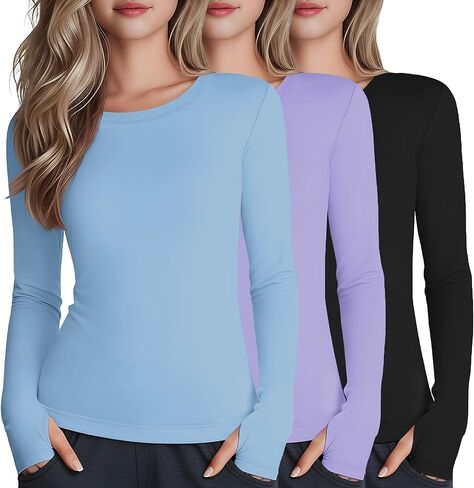 3 Pack Girl's Long Sleeve Athletic Shirts with Thumb Holes, Crew Neck Yoga Top Quick Dry Basic Activewear 5-14y in Saudi Arabia