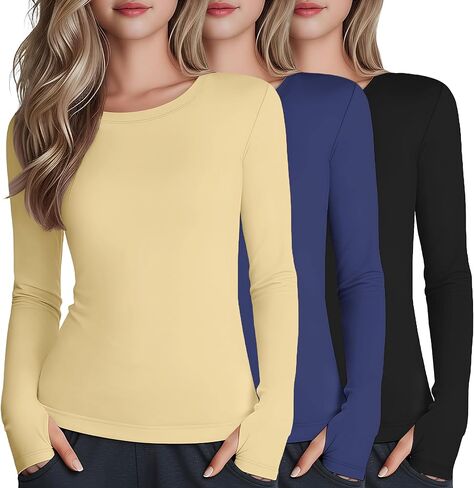 3 Pack Girl's Long Sleeve Athletic Shirts with Thumb Holes, Crew Neck Yoga Top Quick Dry Basic Activewear 5-14y in Saudi Arabia