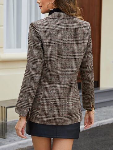 ELLEVEN Women's Houndstooth Plaid Tweed Blazer, Casual Trendy Double-Breasted Suit Jacket with Pockets Fully Lined in Saudi Arabia