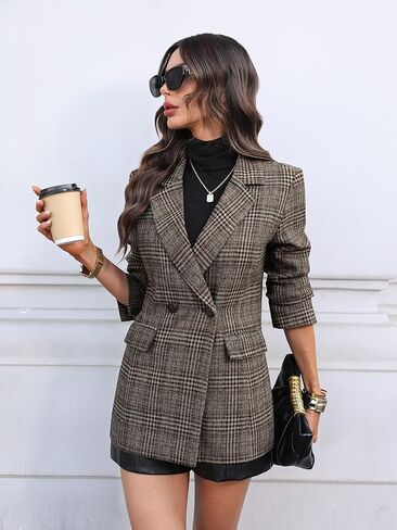ELLEVEN Women's Houndstooth Plaid Tweed Blazer, Casual Trendy Double-Breasted Suit Jacket with Pockets Fully Lined in Saudi Arabia
