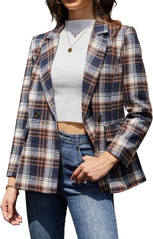 ELLEVEN Women's Houndstooth Plaid Tweed Blazer, Casual Trendy Double-Breasted Suit Jacket with Pockets Fully Lined in Saudi Arabia