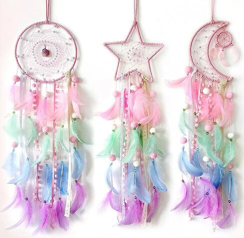 3 Pcs Sun Moon Star Dream Catcher, Handmade Woven Traditional Art Design Dream Catchers for Home Wall Hanging Decoration, Wedding Party Decor, Adults Boys Girls Festival Blessing Gift (Pastel Color) in Kuwait