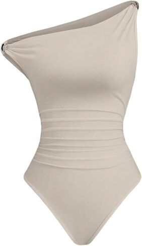 Milumia Women's Off The Shoulder Ruched Bodysuit Asymmetrical Metal Fitted Going Out Tops Jumpsuit in Saudi Arabia