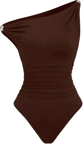 Milumia Women's Off The Shoulder Ruched Bodysuit Asymmetrical Metal Fitted Going Out Tops Jumpsuit in Saudi Arabia