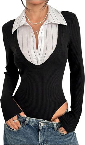 SOLY HUX Women's Striped Long Sleeve Bodysuits Button Down Tshirts Collared 2 in 1 Tops Preppy Clothes in Kuwait