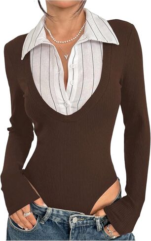 SOLY HUX Women's Striped Long Sleeve Bodysuits Button Down Tshirts Collared 2 in 1 Tops Preppy Clothes in Kuwait