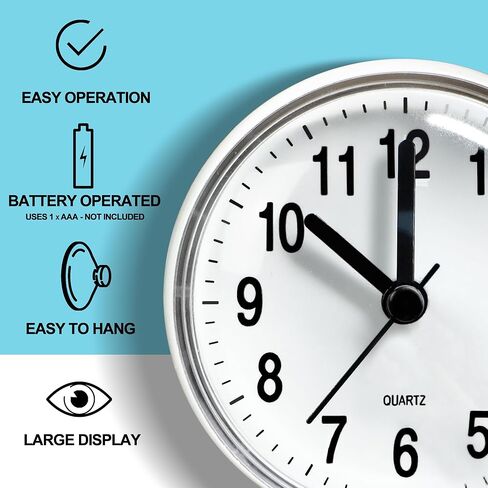 Silent Waterproof Bathroom Clock with Suction Cup - Compact Battery Operated Clock for Shower, Kitchen, Desk, or Bedroom Use (White) in Saudi Arabia