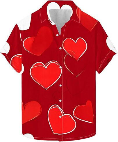 Valentines Day Hawaiian Shirts for Men Love Heart Print Short Sleeve Button Down Bowling Shirts Valentine Dating Top in Saudi Arabia