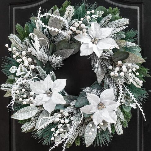 Winter Wreaths for Front Door 24 Inch Outdoor Christmas Wreath Artificial Winter Door Wreath with White Christmas Flowers,Snowy Eucalyptus and White Berry for Farmhouse Home Wall Door Decor in Saudi Arabia