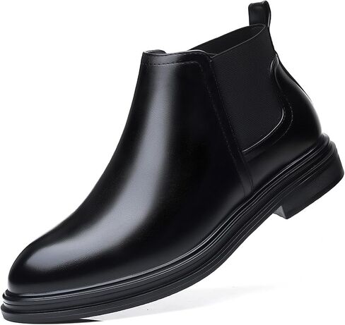Men's Slip on Leather Chelsea Ankle Boots Fall Winter Fashion Pointed Toe Elastic Pull on Comfort Dress Boots Casual Non Slip Waterproof Business Work Booties in Saudi Arabia