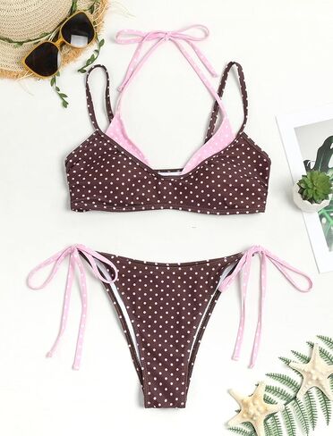 ZAFUL Women's Plaid Bikini Set Colorblock Dual Straps Halter String Tie Side 2 Piece Swimsuit Bathing Suit in Saudi Arabia